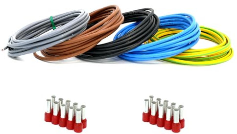 Event-Kabel&more-Set Verdrahtungssatz 5x 1m (schwarz, grau, braun, blau, grün/gelb) Aderleitung flexibel H07V-K 10 mm² inkl. Aderendhülsen 10mm2 für Zählerschrank Verteilung (Set 5x 1 Meter & 20 AEH)