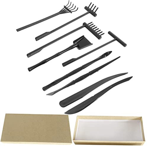 DOITOOL Mini Zen Garden Rake Set 10pcs Sand Garden Tools Black Rakes Storage Box Meditation Desktop Decoration