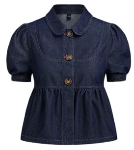 CIDER Women Denim Peter Pan Collar Ruched Puff Sleeve Blouse Denim Neck Short Sleeve Shirts
