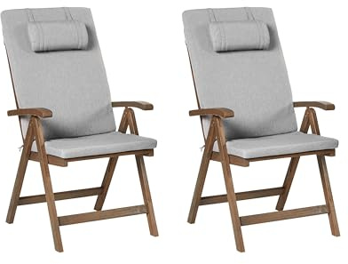 Beliani Set of 2 Rustic Garden Chairs Natural Acacia Wood Adjustable Foldable with Armrests Grey Melange Cushions Amantea Premium