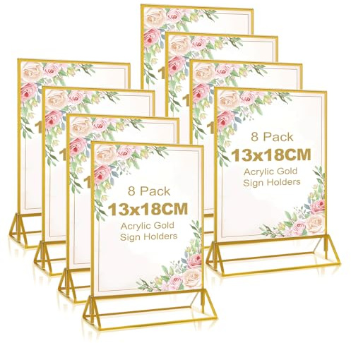 LDHHYH 8 Stück Aufsteller A5 Gold, 13x18cmGoldener Doppelseitiger Bilderrahme, Acryl Tischkartenhalter, A5 T-Ständer Tischaufsteller, goldener tischaufsteller für Präsentation, Hochzeit, Restaurants