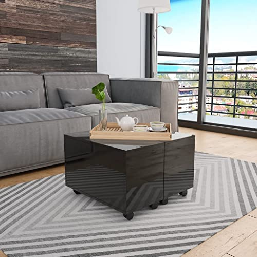 Hoopleep Hochglanz-Schwarz Couchtisch, 60x60x35 cm, Holzwerkstoff, Ausziehbar mit Rollen, Modernes Design, Stilvoller Wohnzimmertisch mit Stauraum für Bücher, Zeitschriften, Fernbedienungen