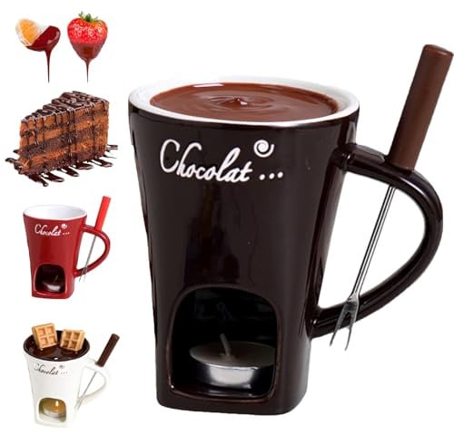 Chocolate Fondue Mug with Forks - 130ml Chocolate Melting Cup, Ceramic Butter Warmers Pot Set, Personal Cheese Melting Cup, Fondue Heated with A Tealight, Warmer Mug for Candy Snack Caramel Party
