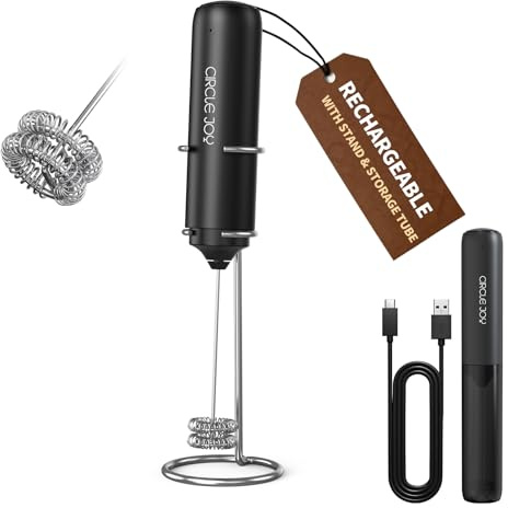 CIRCLE JOY Electric Rechargeable Milk Frother Handheld with Cover & Stand | Dual Spring Whisk Coffee Frother, Portable Drink Mixer Foam Maker for Coffee, Cappuccino, Frappe, Matcha, Black