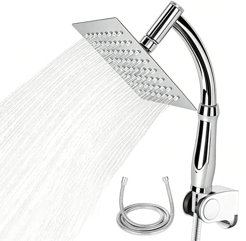 8 inch Square Handheld Rain Shower Head with Hose, 360° Adjustable (Silver) | Stainless Steel Waterfall Shower Heads with 100 Silicone Jets, supports Handheld and Rain Shower Modes, Easy installation