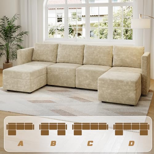 Devoko Modulares U-Form Sofa 280 cm breit Modernes 4-Sitzer Ecksofa mit Stauraum bezogen mit Rex-Kaninchenfell Wandelbares Couch-Set mit Hocker für Wohnzimmer, Beige