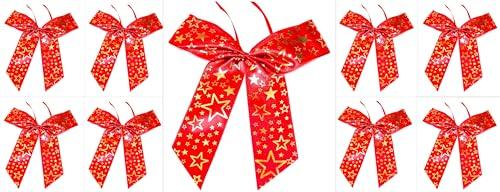 CaPiSo 12 Stück Schleifen 14x16 cm Geschenkschleife Weihnachtsbaum Schleife Weihnachten Satinschleife Satin Weihnachtsdekoration Adventsgesteck (Satin Sterne Rot-Gold)