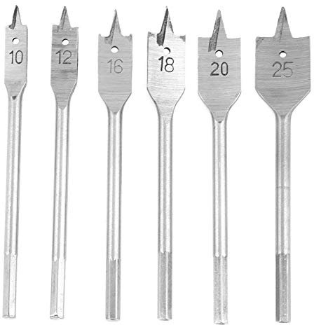6pcs Flat Milling Drill Bit Set Spade Paddle Drill Wood Drill Bits 150mm Length Diameter 10/12/16/18/20/25 mm Hex Shank Size 6mm