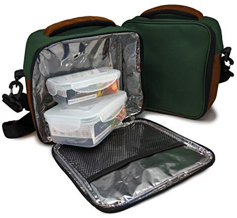 NERTHUS Lunch Bag Verde + Herméticos Plástico, Tela Resistente, Con 2 Tuppers