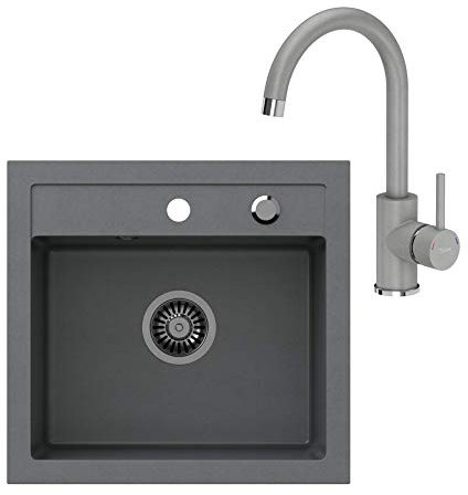 VBChome Spülbecken + Armatur 50 x 47 cm Grau Spüle Einzelbecken Küche Einbauspüle Verbundspüle Küchenspüle gesprenkelt flächenbündig + Siphon Waschbecke