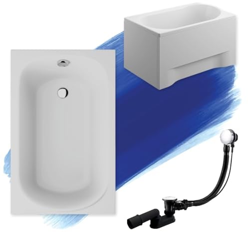 BADLAND Badewanne Original Weiß Acryl Wanne Rechteck MINI 110x70 KOMPLETTSET SET mit Weiß Acrylschürze + Füßen und Exklusive Chrom Automatik Ablaufgarnitur Made in EU 4in1