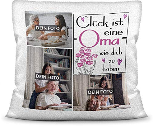 Print Royal Foto-Kissen inkl. Füllung zum Selbstgestalten - für Oma - mit eigener Collage und Spruch - Bestes Fotogeschenk/Geburtstagsgeschenk - Kissen Polyester - Weiß flauschig