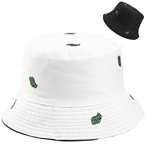 Malaxlx Damen Kaktus Bestickt Schwarz Weiß Fischerhüte Sonnenhut Strandhut Fishermütze Sommerhut Draussenhut Faltbarer Reversibel