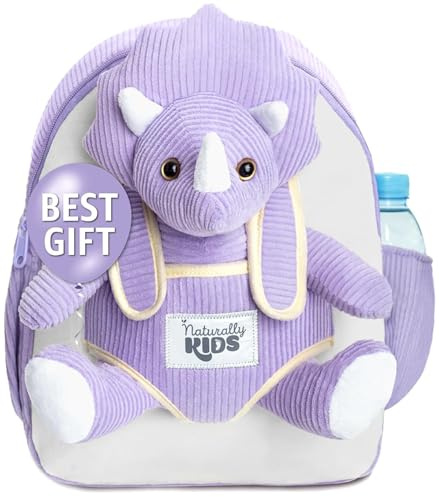 Naturally KIDS Toddler Backpack w. Plush Purple Triceratops Toy, Medium