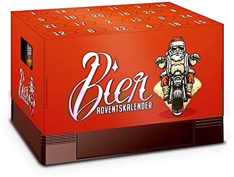 itenga Adventskalender Aufsatz für Bierkasten Männer Adventskalender zum Selber Befüllen Bieradventskalender rot mit Nikolaus auf dem Motorrad