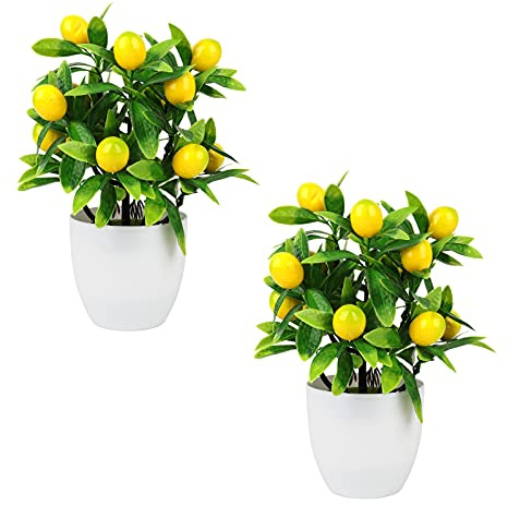 INIFLM 2 mini albero di limone artificiale in vaso, 24,4 cm, frutti artificiali di limone, bonsai, piante in vaso di limoni finti in vaso per tavolo, ufficio, bagno, negozio, feste, decorazione per