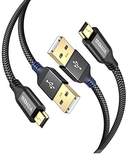 AkoaDa Mini USB Cable 3M, Braided USB 2.0 to Mini B Cable Data Charging Cable Compatible with PS3 Controller, Garmin GPS, Blue Yeti,Hero 3/4, Dash Cam, Nikon, Canon etc (Black-2Pack)
