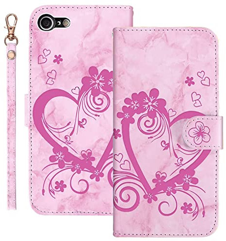 Ailisi Coque pour iPhone 7/iPhone 8/iPhone SE 2020, Motif Marbre en Relief Coeur d'amour et Fleurs Design PU Cuir Étui Portefeuille Flip Cover Housse avec Fonction Support, Fente pour Carte -Rose