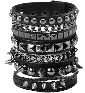 Eigso 3 Pcs Oldschool Cool Punk Steampunk Studded Spikes Rivets Vintage Leather Wide Bracelets for Men and Women with Adjustable Buckle
