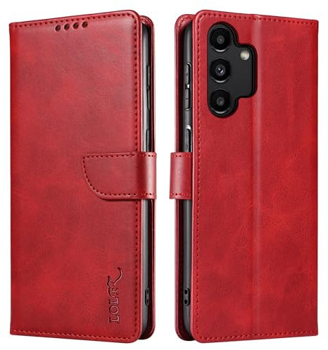 LOLFZ Handyhülle für Samsung Galaxy A13 5G, Premium Dünne Schutzhülle mit Kartenfach Standfunktion Magnetische Klapphülle PU Leder Stoßfest Handytasche für Samsung Galaxy A13 5G - Rot