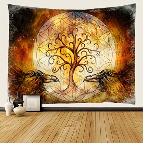 WALLDOR 3D Baum Des Lebens Wandteppich Wandbehang 150x200 cm Geometrie Krähe Wandbehang Tapisserie Wandtuch Wandkunst Decor für Wohnzimmer Schlafzimmer Wohnung Wohnheim