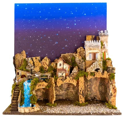 Holyhome Presepe 60x34x44 cm (23,62x13,38x17,32 Inch) con Luce e Cielo Stellato in Fibre Ottiche, Realizzato e Dipinto a Mano, Made in Italy