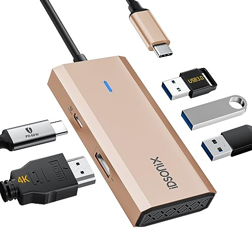 IDPW-5P-RG USB C Hub, iDsonix 5 in 1 Aluminium USB C Hub Docking Station mit 4K HDMI Adapter, 60W PD, USB 3.0 Anschluss, kompatibel für MacBook Air/Pro, iPad, HP, Dell (Roségold)