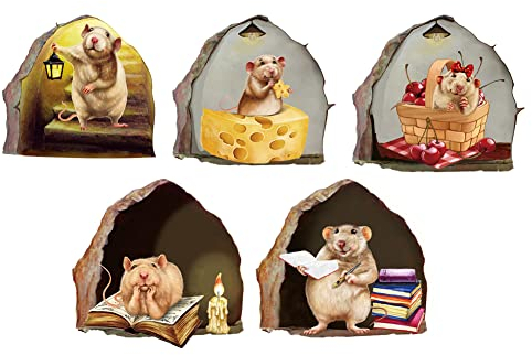 OLYCRAFT Souris Trou Thème Sticker Mural Souris Lecture Sticker Mural Peel Souris PVC Décoration Murale Autocollants Animal Design Délicat Stickers Muraux Décoratifs 3D pour Salon Chambre 50x32 cm