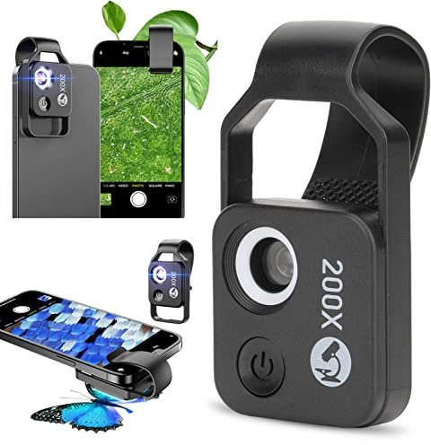 Obiettivo Macro per Telefono, Microscopio 200X con Luce LED CPL, Microscopio Tascabile con Clip Compatibile per Smartphone IOS e Android, Microworld per Bambini e Adulti (Nero)