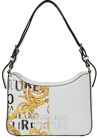 VERSACE JEANS COUTURE Damen Schultertasche Weiß mit Baroque-Aufdruck auf der Vorderseite. Logo vorne. Verstellbarer Schultergurt, Bor-Verschluss, Weiß