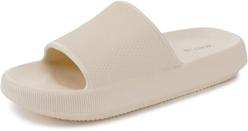 WHITIN Bathroom Sandals for Women Cushion Thick Sole Slides Size 6 7 Quick Drying Shower Slippers Fashionable Flat Antislip Bath Pool Beige 37-38