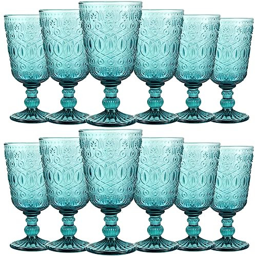 Eaasty Lot de 12 verres à vin vintage colorés de 255 ml - Verres à pied romantiques en relief pour fête de mariage, vacances, anniversaire (bleu)