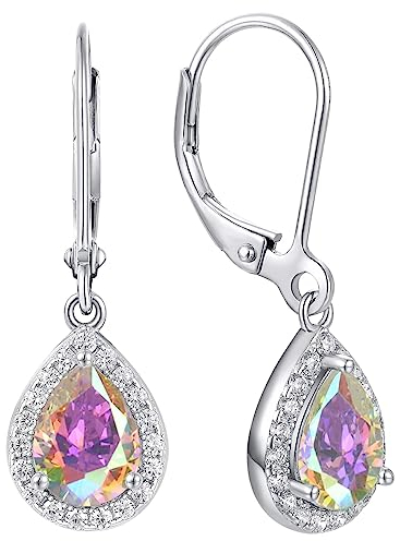 YL Damen Ohrhänger 925 Sterling Silber Regenbogen Zirkonia Weiß Oval Tropfen Ohrringe