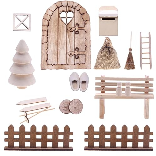 nabeta deco Holz Wichteltür Komplettset Miniatur Weihnachten Puppenhaus Zubehör Weihnachtswichtel Tür Set mit Weihnachtsbaum Feentür Schlitten Zaun unisex