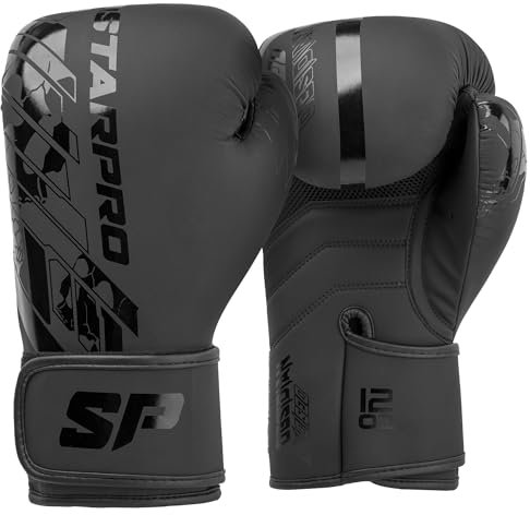 Starpro Mattschwarze Boxhandschuhe – Fuax Leder – Trainings, Sparring und Kickbox-Handschuhe für Männer und Frauen – 8oz 10oz 12oz 14oz 16oz (Mattschwarz, 12oz)