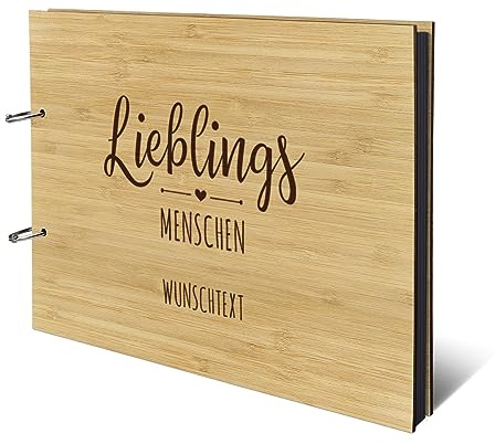 Personalisiertes Geburtstag Fotoalbum echtes Holz DIN A4 Erinnerungsbuch mit Lasergravur - Lieblingsmenschen - mit 25 Blatt / 50 Seiten Fotokarton Schwarz