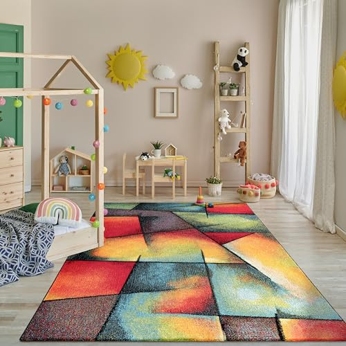 Paco Home Teppich Wohnzimmer Kinderzimmer Kurzflor Moderne 3D Optik Kariert Geometrische Muster, Grösse:240x330 cm, Farbe:Bunt 6