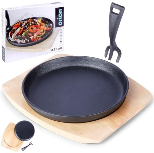 orion group Gusseisenpfanne Gusseisenteller Servierpfanne mit Holzbrett LITINA 22 cm 2 El.