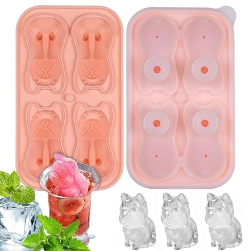 Silikon Eiswürfelform Bulldogge, 3D Bulldogge Eiswürfelformen, Wiederverwendbar Eiswürfelbehälter mit Deckel und Trichter, BPA-Frei, leicht zu lösen, für Eis, Whiskey, Cocktail, Saft