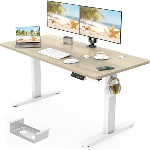 Devoko Elektrischer Stehpult mit USB-Ladeanschluss (Sitzerinnerung), höhenverstellbar, mit Kabelablage, 120 x 60 cm, Beige