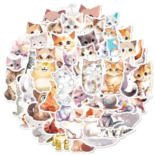 Nayyana 50 Stück Wasserfarben Katze Aufkleber, Laptop Telefon Skateboard Gitarre Katze Stickers Set, Vinyl Wasserdicht Aesthetic Aufkleber für Jugendliche Kinder Erwachsene