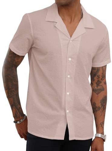 Mens Shirts Button Down Casual Shirt Lightweight Beach Summer Shirts Short Sleeve Hawaiian Shirt Pink M