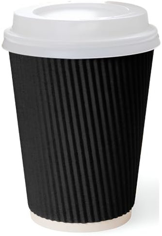 Paper Cups with Lids 8oz - 100 x Kraft Paper Cups for Hot Drinks Cold Drinks - Disposable Paper Coffee Cups - Wall Insulated Ripple Black Paper Cups with Lids - Leak Proof Paper Cups Christmas, Party