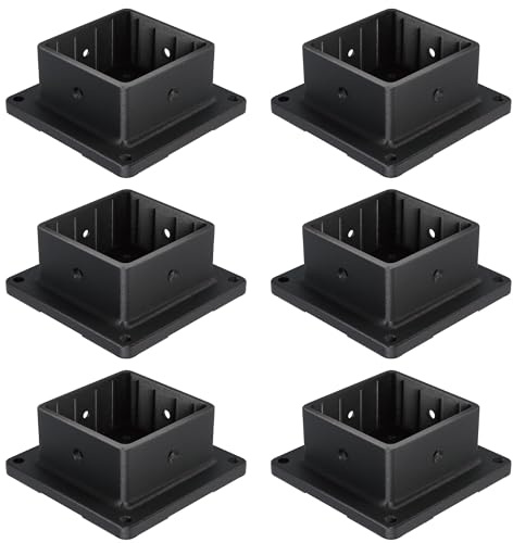 HILLMASTER 4x4 Post Base, 6 Pack Plastic Post Anchor Deck Post Base Support for Outdoor Wooden Fence,Mailbox,Pergola Brackets Fence Kit, Durable Black Bracket Base Cover with Black Powder-Coated