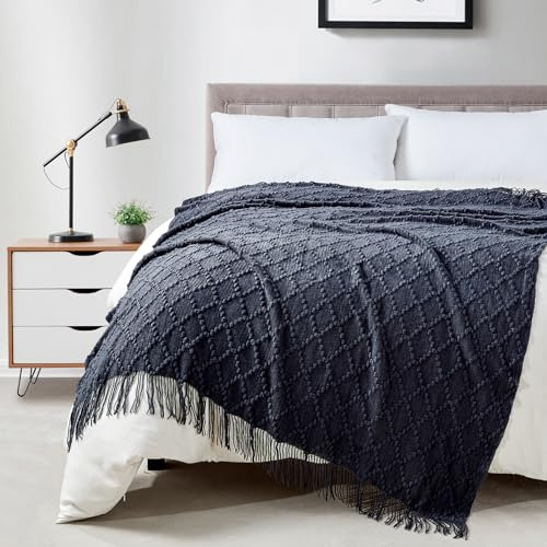 BOURINA Textured Solid Knitted Throw Blanket Navy 127x178cm | Cozy textured knitted throw blanket, warm lightweight cover, washable decor blanket for sofa, couch and bedroom use