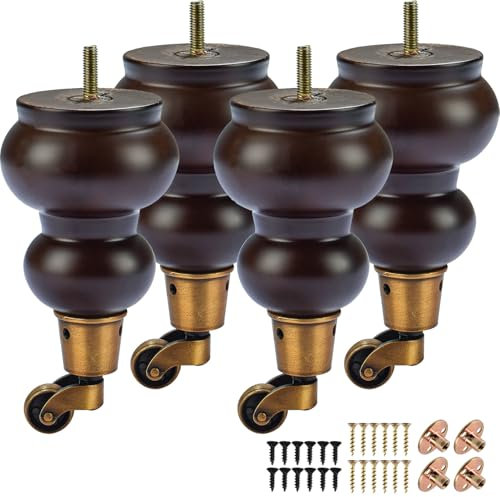 La Vane 17cm Holz Möbelfüße mit Lenkrollen, 4 Stück Massivholz Spindel DIY Ersatz Möbelbeine mit Rollen & M8 Montageplatten & Schrauben für Sofa Schrank Sessel Ottomane Liegestuhl