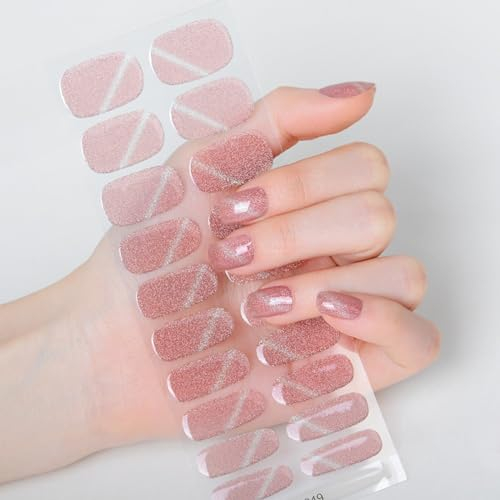 Boloshine Semi Cured Gel Nails Strips, 20Pcs Extra Long Glitter UV Gel Nail Stickers, Long Lasting Self-Adhesive Gel Nail Wraps Manicure Stickers Set for Women Girls Nail Art Decor (Cate Eye Pink)