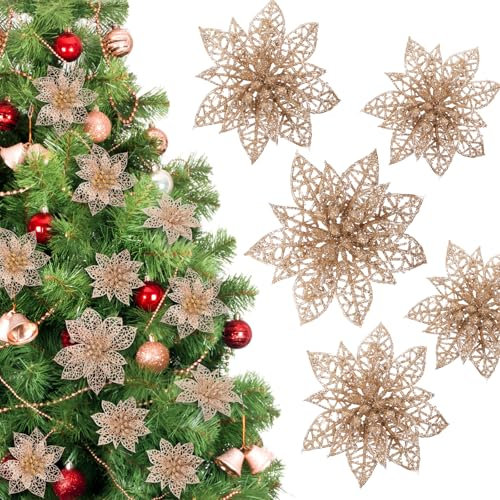 Naler 24pcs Artificial Poinsettia Flowers - Champagne Gold Glitter, Christmas Tree Ornaments & Wreaths Decorations