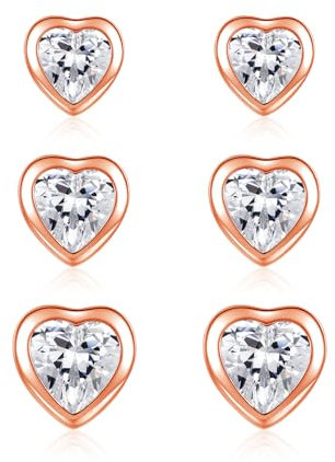 Estrellique Sterling Silver Stud Earrings, Rose Gold with Zirconia, Hypoallergenic Cartilage Ear Studs, Heart Shaped 4-6mm