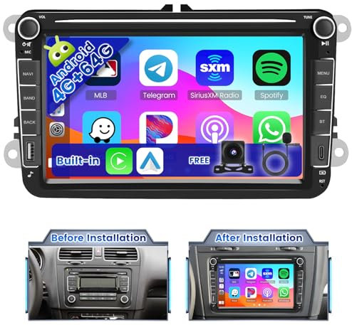 Ohradio 4G+64G Android 15 Radio Coche para VW Golf 6 Seat Leon Passat Polo Golf 5 Jetta Sharan T5 con Carplay Android Auto Inalámbrico - Pantalla Táctil de 8 WiFi FM/RDS GPS USB BT Cámara+Mic